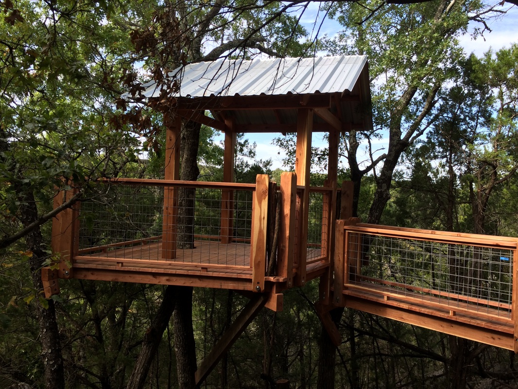 Eastern Red Cedar Treehouse with 18' Bridge and Metal Roof.