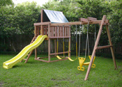 The Apollo DIY Playset Plan shares the same footprint as the Triton with a 7' swingbeam for smaller yards.