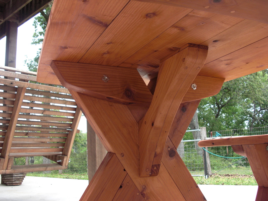 Angled Braces Made from Laminated Wood Scraps make this Picnic Table Very Strong