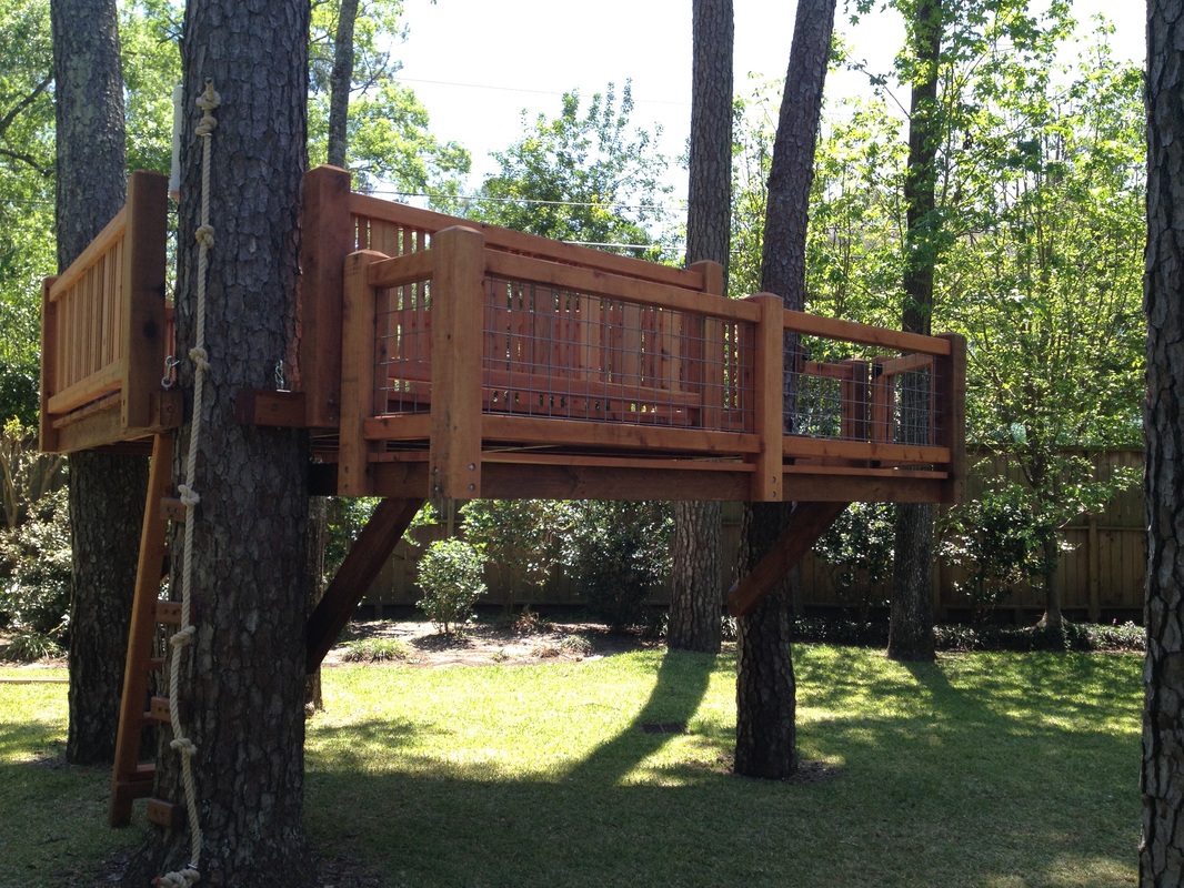 Redwood Treehouse with Custom Railings, Trapdoor Entry, Two Levels and 150' Zip-line.